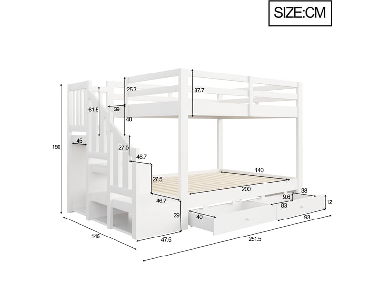  Lit superposé 140x200 cm avec escalier, 2 tiroirs, barrière de sécurité, pour chambre, bois et mdf, blanc, sans matelas  - Conforama C