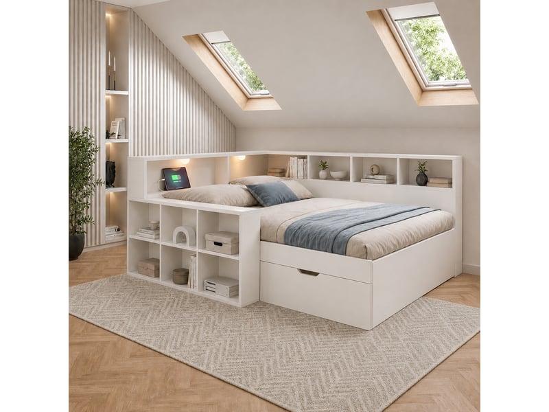  Lit avec rangement 140x190 cm, lit double compact avec 1 tiroir, étagères ouvertes, 2 liseuses, 3 usb et 1 usb-c, blanc OPULERANE TRADING LTD - Conforama C