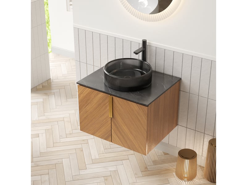  Meuble vasque mural avec 2 portes en pierre frittée noir et chêne brun chicfurn  - Conforama E