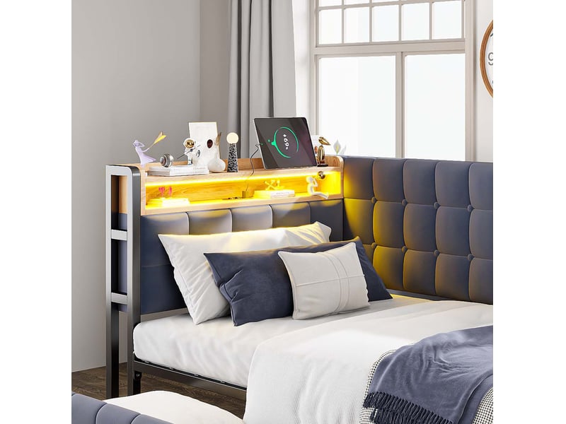 Lit enfant 90 x 200 cm, 2 tiroirs, tête led multicolore, prise usbtype-c, ossature métal, velours gris foncé, sans matelas - Conforama R