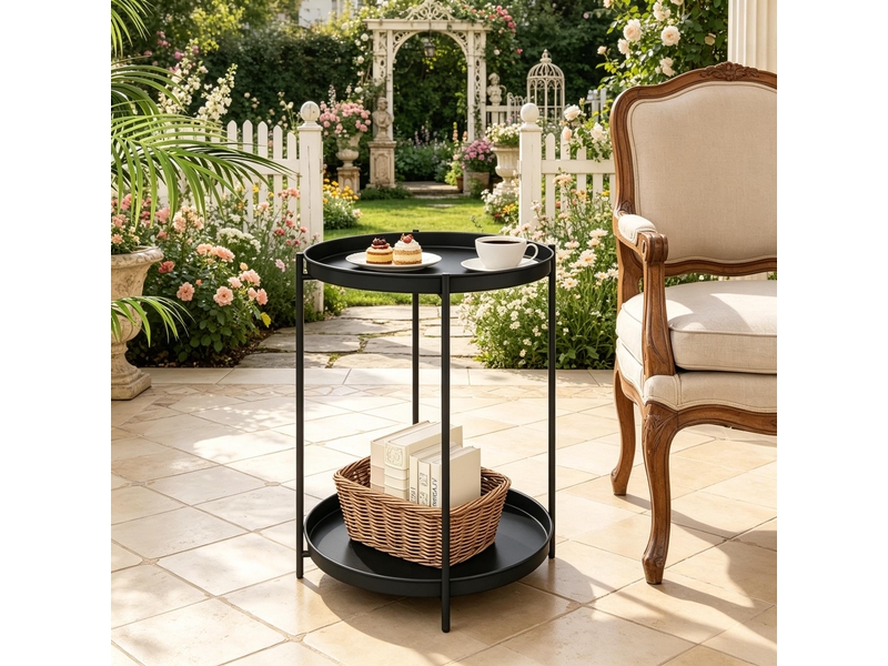  Table d'appoint ronde bout de canapé métal noir avec deux plateaux amovibles, 44x44x53 cm  - Conforama B