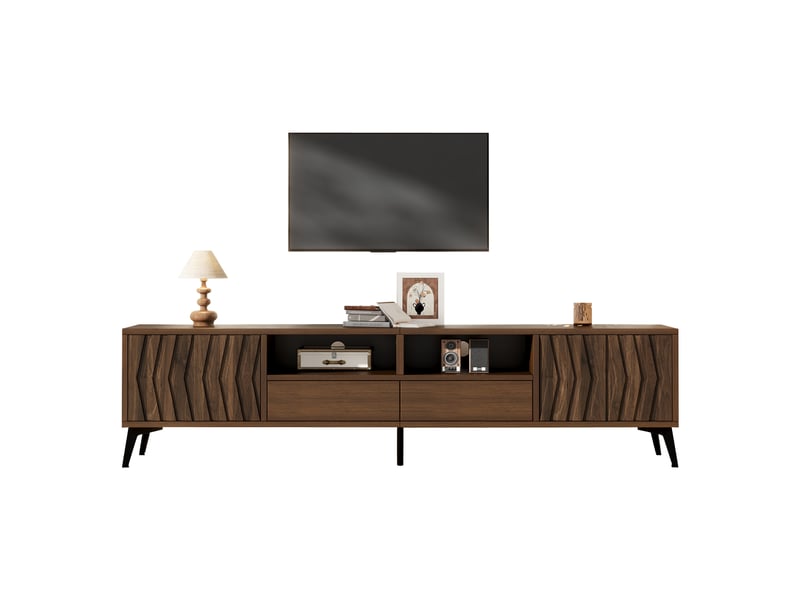 Meuble tv 180 cm noyer, 2 portes relief géométrique, 2 tiroirs, pour tv 75 pouces - Conforama A