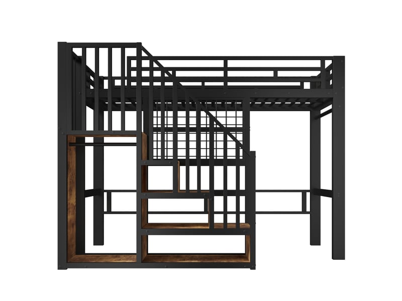  Lit mezzanine, 90 x 200 cm, lit en fer, escalier de rangement, rambarde, barre de penderie, éclairage led, sans matelas, noir  - Conforama D