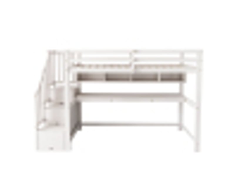  Lit mezzanine 90 × 200 cm, escalier avec rangements, grand bureau, étagères, barrières, bois massif et mdf, blanc  - Conforama A