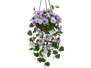 Plante artificielle morning glory suspendue, 70 cm, blanc et violet, avec feuillage réaliste