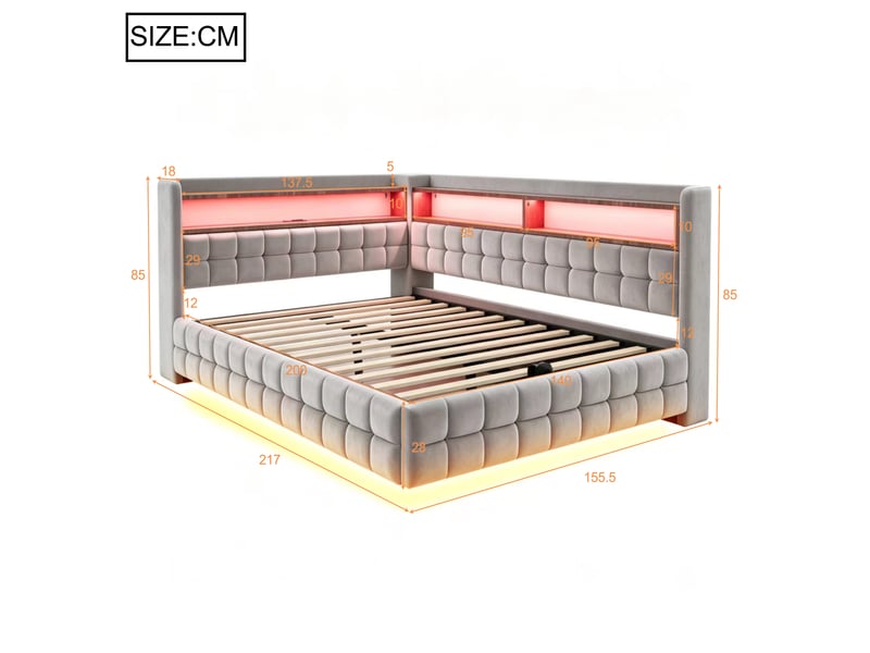  Lit coffre hydraulique 140x200 cm avec rangements, led et prises usb-c, velours gris clair, sans matelas  - Conforama C
