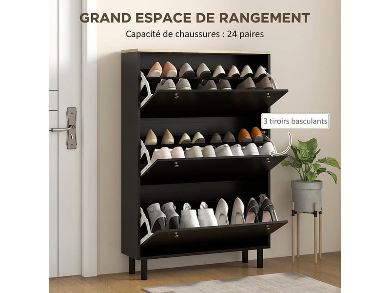  Meuble à chaussures 3 tiroirs rabattables noir 80 x 23,5 x 121 cm  - Conforama D