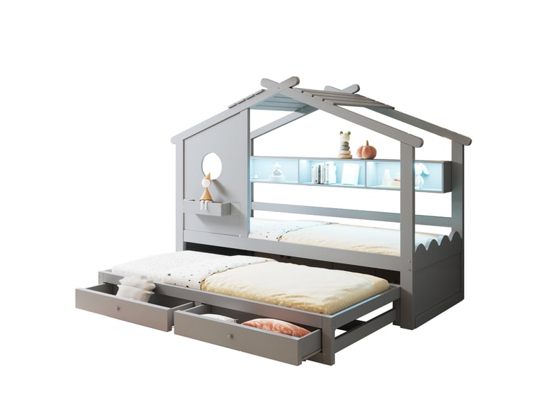  Lit gigogne cabane 90×200 cm avec tiroir de rangement, éclairage led et ports usb et type c, en bois gris  - Conforama A