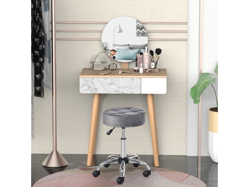  Tabouret de salon gris clair avec roulettes hauteur réglable 49-61 cm revêtement velours mousse base chromée dim 35 x 35 cm  - Conforama D