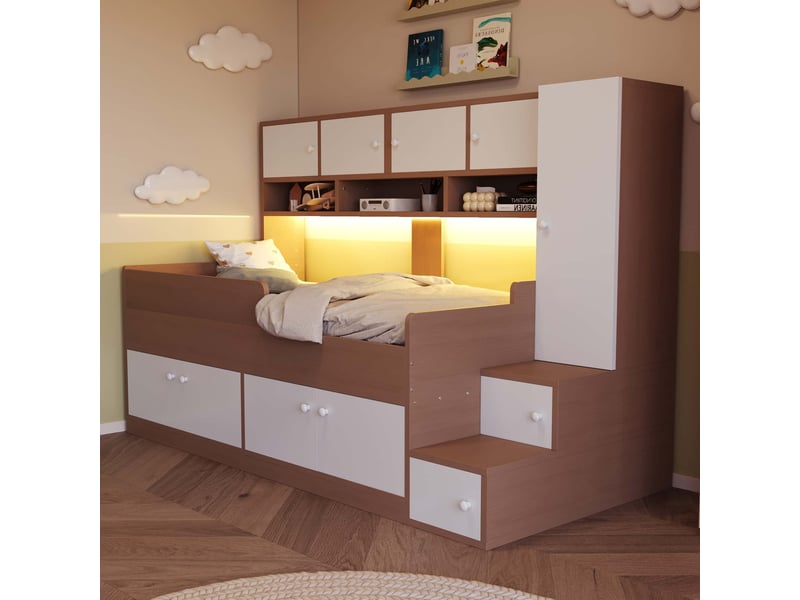 Lit enfant avec barrières de sécurité, 90 x 200 cm, comprenant des compartiments de rangement, une armoire, naturel  - Conforama D
