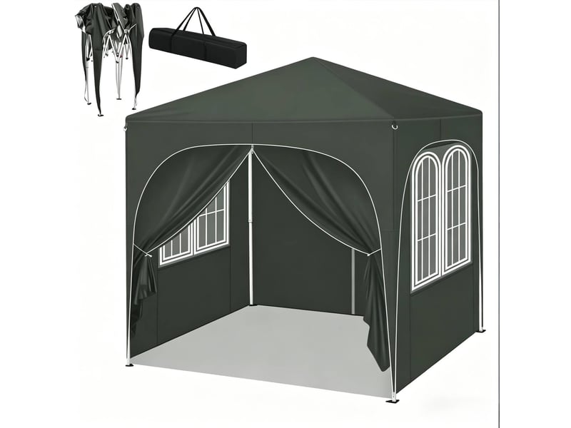  Tonnelle pliante 200 x 200 cm grise en métal et tissu oxford, 4 parois amovibles pour extérieur  - Conforama A