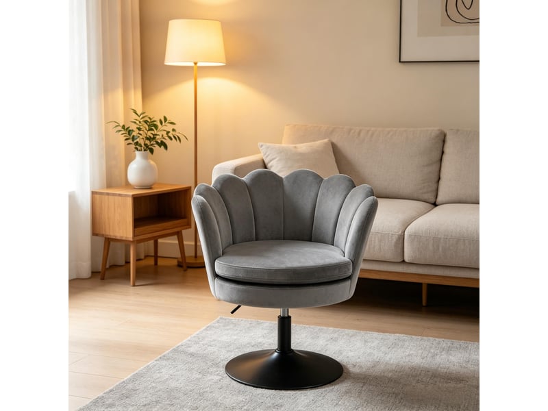 Fauteuil pivotant réglable avec accoudoirs, assise fleur en velours et métal gris foncé, 61,5 × 71-83 × 65 cm - Conforama C