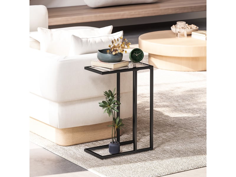  Table d'appoint en forme de c avec plateau en verre trempé, cadre en acier, noir  - Conforama D