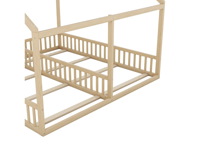 Lit cabane double enfant avec 2 couchages 90 x 200 cm côte à côte et barrières, pin et mdf, naturel Fay Lum - Conforama D