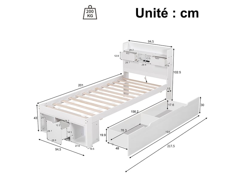  Lit avec tiroirs simple 90x200 cm avec rangements, usb et type-c, sans matelas, blanc  - Conforama D