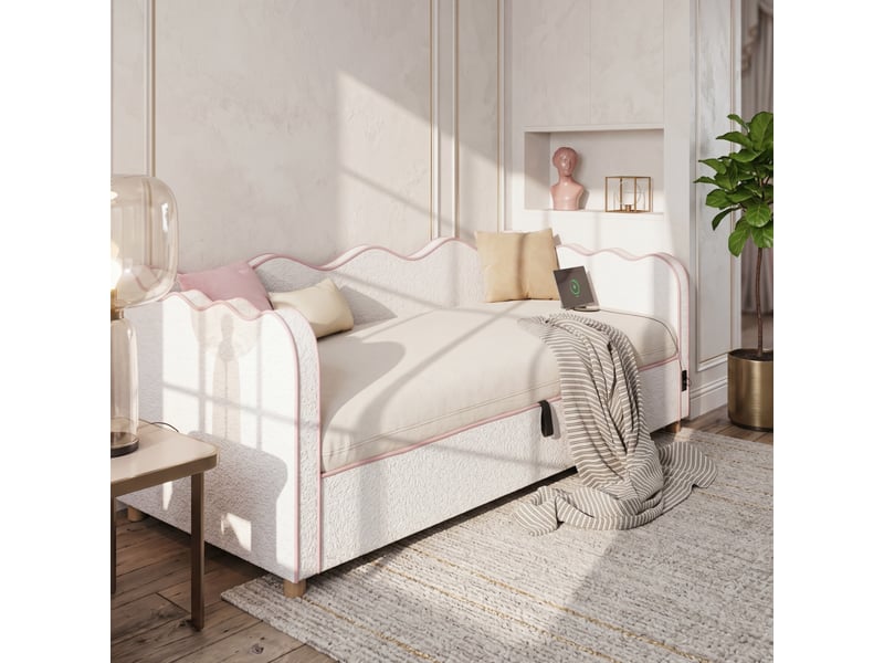  Lit banquette beige lit coffre 90x200 tissu bouclette - rangement hydraulique et prise usb  - Conforama B