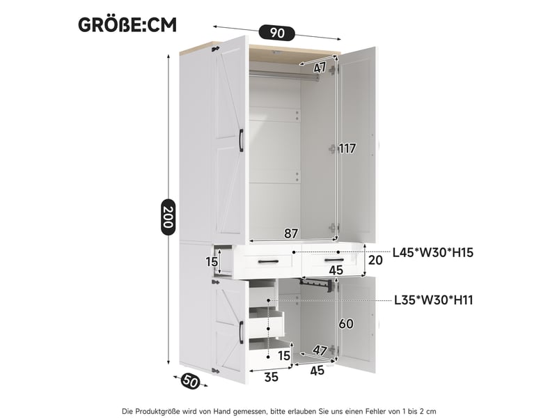  Armoire à portes battantes 90x50x200 cm, style maison de campagne, mdf blanc, meuble de rangement chambre et dressing  - Conforama C
