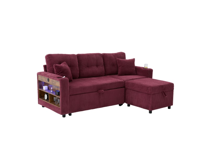 Canapé droit convertible, canapé 3 places avec rangement, port usb-type-c, porte-gobelets, 1 repose-pieds, rouge - Conforama D