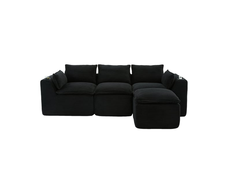Canapé modulable 3 places en velours côtelé noir avec repose-pieds, poches et porte-gobelets pour salon - Conforama A