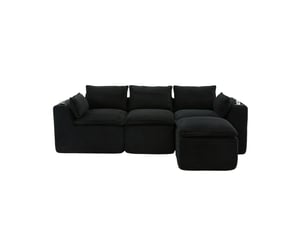 Canapé modulable 3 places en velours côtelé noir avec repose-pieds, poches et porte-gobelets pour salon