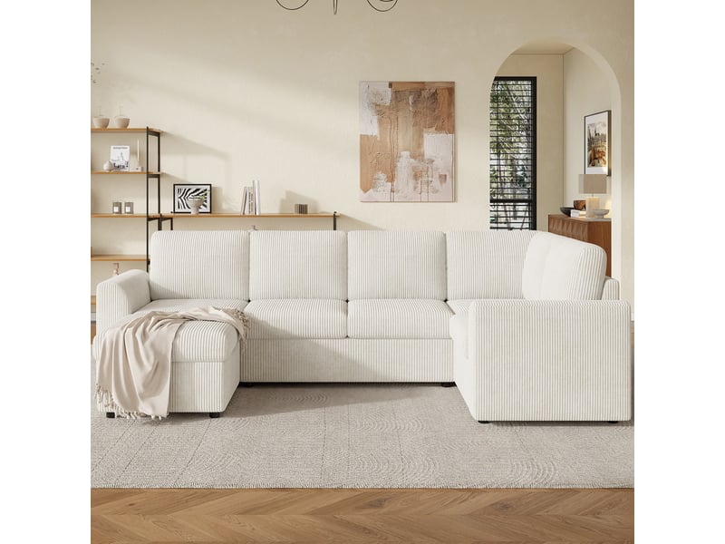 Canapé d'angle 3 places avec fonction couchage et pouf coffre - pieds hauts velours côtelé beige - Conforama B