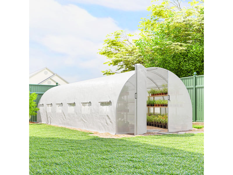  Serre tunnel de jardin 24m², serre de jardin tunnel avec portes et 12 fenêtres avec moustiquaires, 295x798x199cm, blanc  - Conforama D