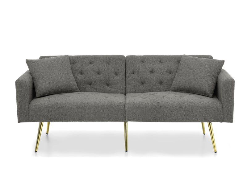  Canapé 2 places convertible 177x78x74 cm, dossier 3 positions, deux coussins, pieds métal, teddy, gris  - Conforama A