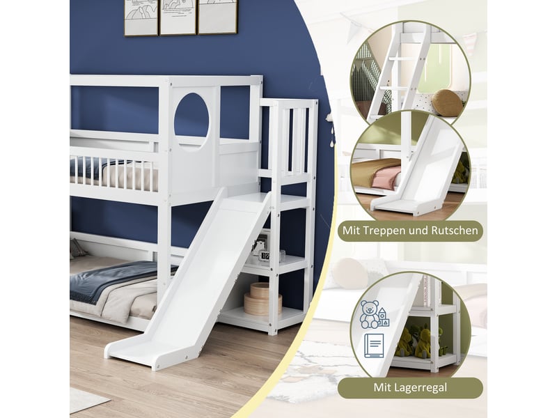 Lit superposé enfant multifonction rayofi - 90 x 200 cm, blanc, avec tiroirs et toboggan, sans matelas - Conforama E
