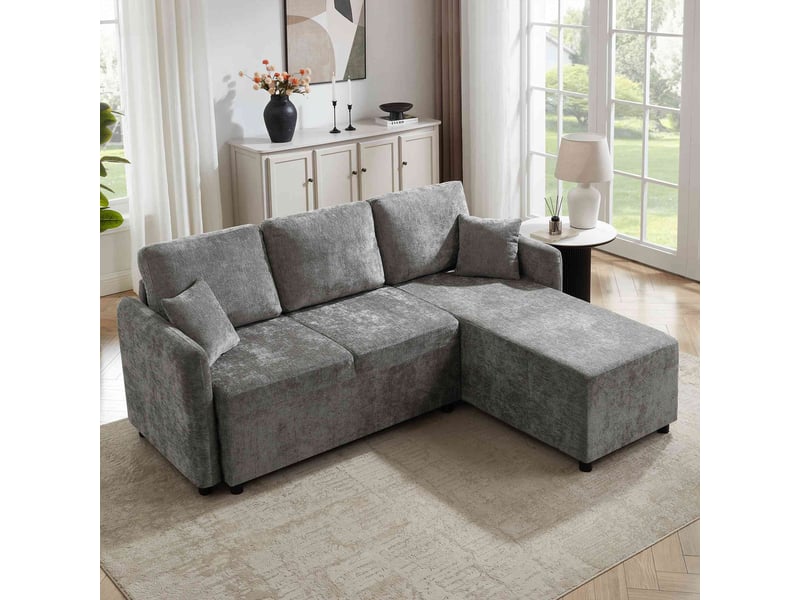  Canapé d’angle 3 places en chenille avec méridienne 187.5x144x85.5 cm, assise confortable en mousse haute densité, 2 coussins inclus - gris  - Conforama B