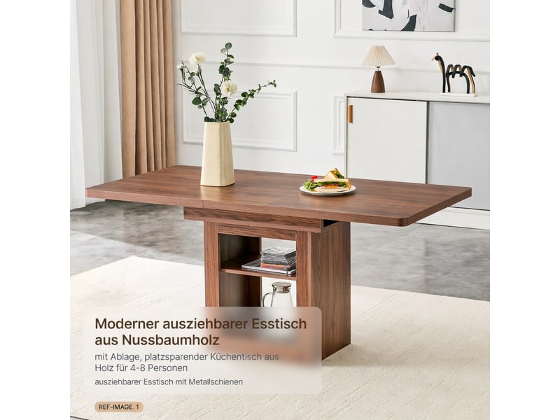 Table à rallonges imitation bois, noyer, en mdf, avec tablette intégrée, couleur noix - Conforama D