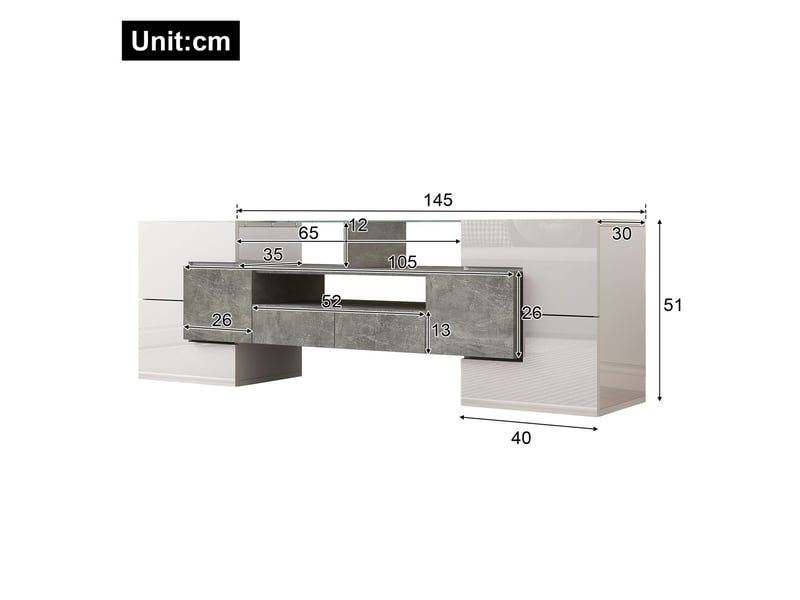  Meuble tv 140cm, blanc brillant élégant avec éclairage led meuble tv contemporain  - Conforama C