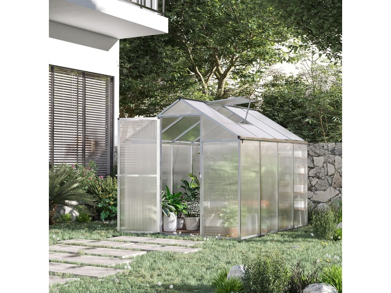  Serre de jardin aluminium polycarbonate 4,6 m² dim. 2,42l x 1,9l x 1,95h m lucarne porte loquet  - Conforama C