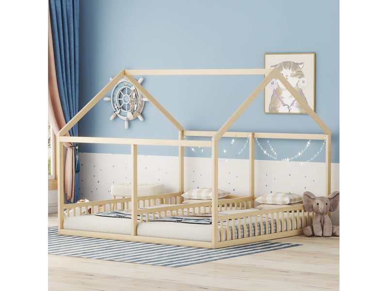  Modenvie lit cabane double 2 x 90x200 cm - avec barrières et structure en pin - pour chambre d'enfant - naturel  - Conforama D