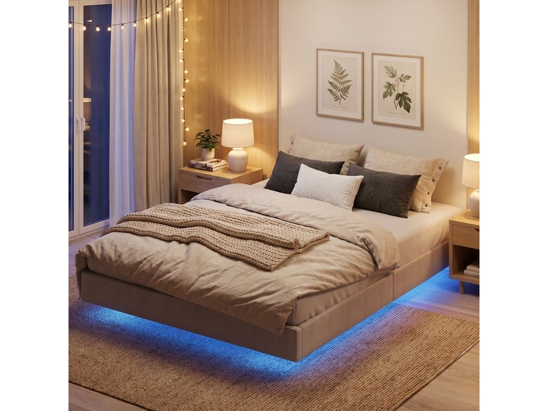  Lit flottant 160x200 avec éclairage led rgb intelligent, cadre de lit double rembourré beige  - Conforama D