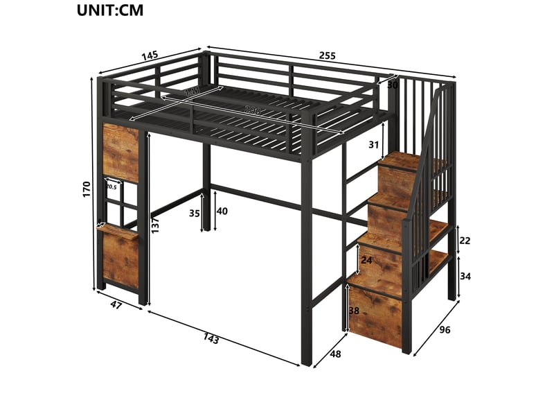  Lit mezzanine enfant 140 × 200 cm 2 places avec escalier de rangement et étagère, sans matelas, noir  - Conforama D