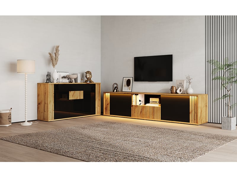 Ensemble meuble tv et buffet 2 pièces, noir brillant et bois, éclairage led bluetooth pour téléviseur jusqu’à 75 pouces - Conforama D