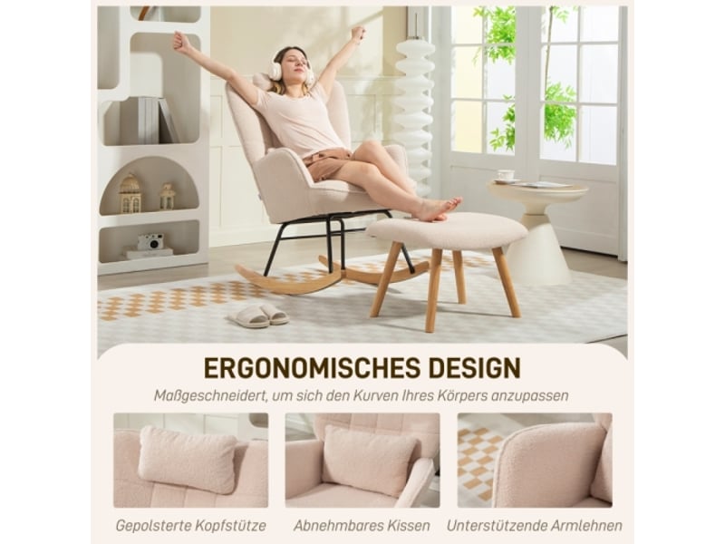  Fauteuil à bascule beige avec repose-pieds, tissu polaire doux, coussin et dossier haut  - Conforama B