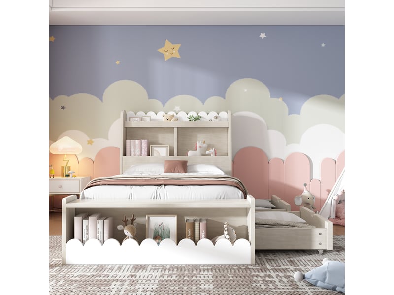 Lit enfant 90 x 190 cm avec 2 tiroirs, bois massif + mdf, blanc et effet chêne - Conforama B