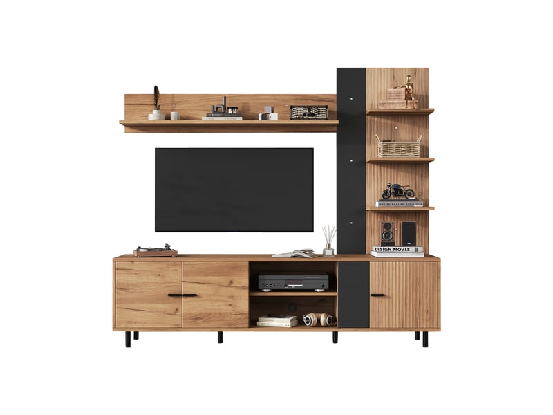  Meuble tv, avec étagères, 187,5 x 40 x 167 cm, en bois, coloris noir, pour salon, solution de rangement fonctionnelle, pour intérieur  - Conforama C