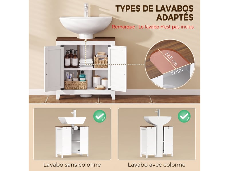  Meuble sous lavabo, meuble de salle de bain moderne avec 2 portes de grange et étagère réglable, blanc  - Conforama D