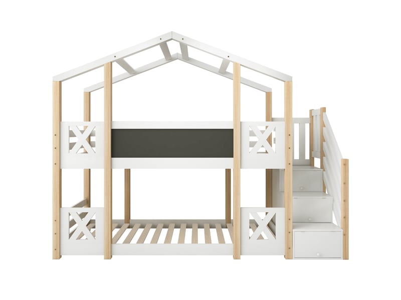 Lit superposé cabane enfant 90 x 200 cm avec escalier de rangement, barrières, tableau et 2 sommiers, blanc et bois naturel AB405332345W - Conforama E