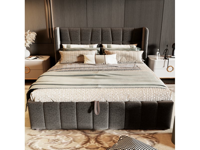  Lit coffre 180 x 200 cm avec sommier à lattes, cadre rembourré gris et métal  - Conforama B