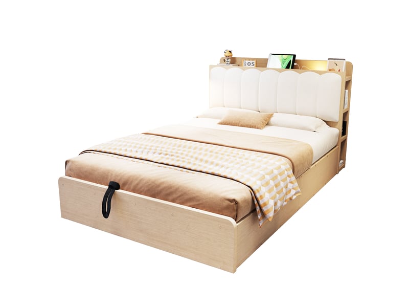 Lit coffre 140 × 200 cm, sommier relevable, tête de lit avec étagères, usb et veilleuse, finition bois naturel  - Conforama A
