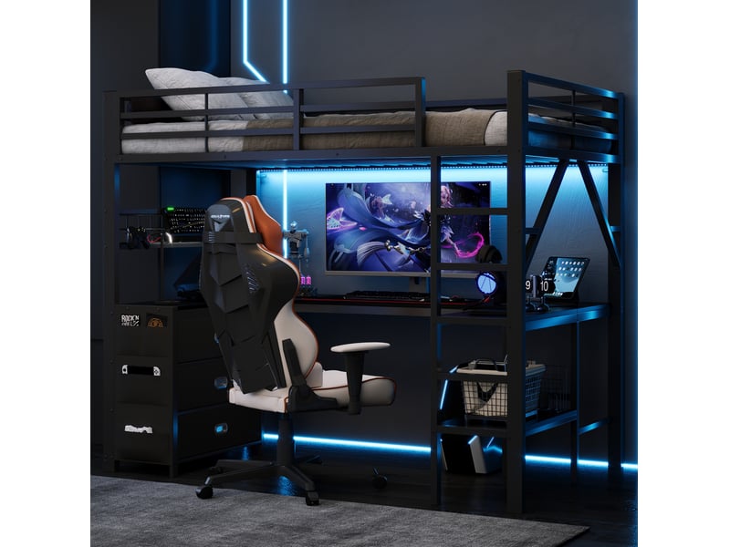  Lit mezzanine enfant 90 × 200 cm 1 place avec bureau, 3 tiroirs et led réglable, sans matelas, métal et mdf noir  - Conforama C