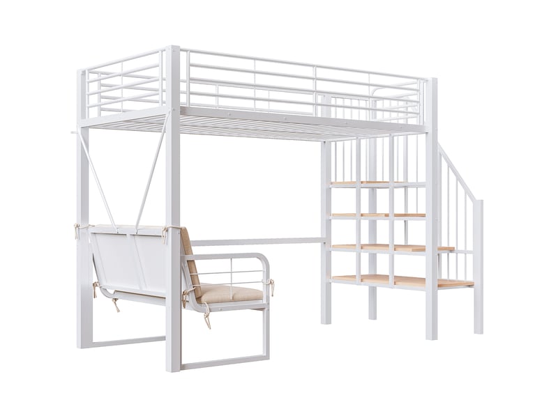  Lit superposé métal blanc 90x200 cm, canapé rembourré amovible, rangement et escalier sécurisé  - Conforama E