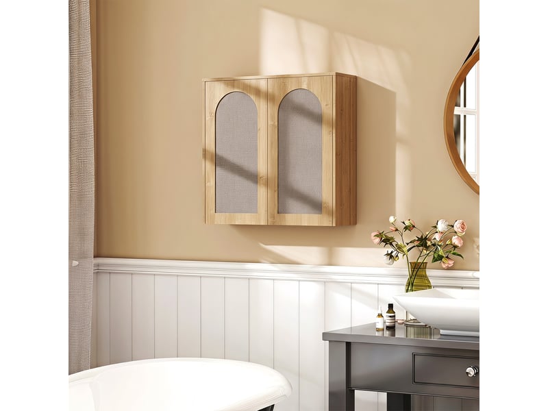  Armoire murale de salle de bain bohème avec 2 portes effet rotin à fermeture douce et étagère réglable, chêne  - Conforama D