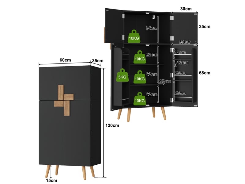  Armoire de cuisine garde-manger 60x35x120 cm - 4 portes - rangements de portes - étagères réglables - mdf - noir  - Conforama C