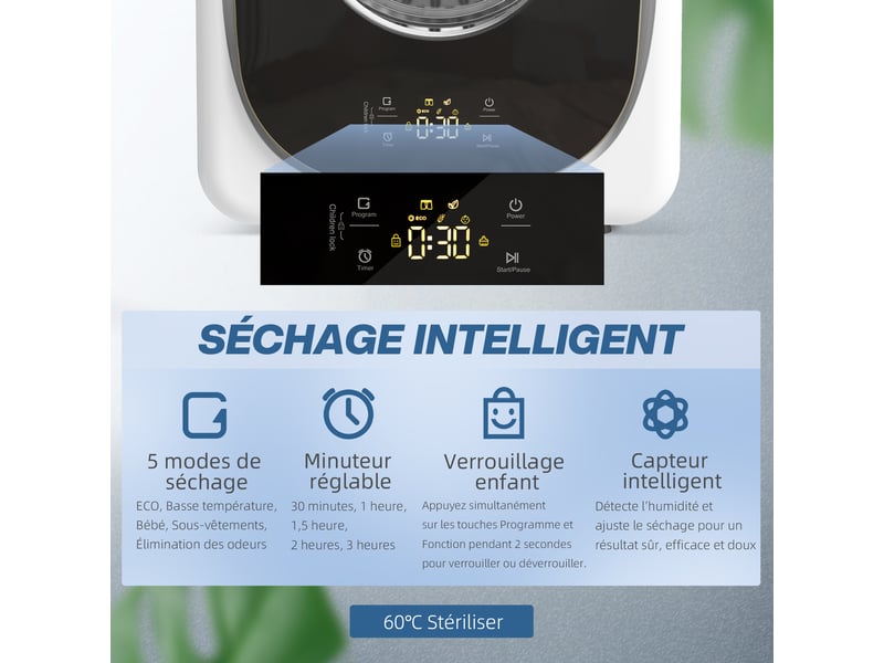 Sèche-linge à évacuation portable 4 kg, sèche-linge 800 w compact, 5 modes de séchage, blanc, minuterie - Conforama A