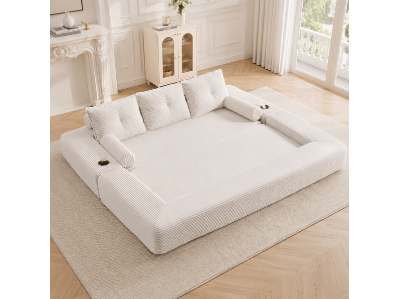  Canapé-lit convertible 3 places en velours côtelé beige avec porte-gobelets  - Conforama B
