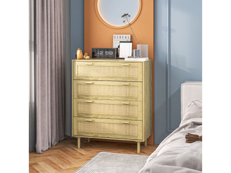  Commode 4 tiroirs meuble de rangement façade tissage en rotin bohème style dim. 90l x 45p x 108,5h cm aspect bois clair  - Conforama D